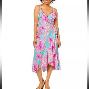 Lilly Pulitzer Aqua Floral Wrap Midi Dress with Pink Blooms